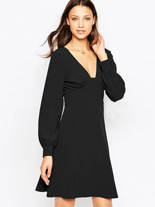 Noir profond-V ruché acétate évasée robe pour femmes