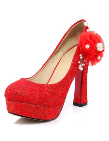 Fleur rouge perles plate-forme dentelle mariée pompes pour les femmes