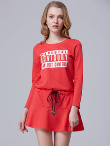 Lettres rouges impression dentelle coton mélange Flare robe pour femmes