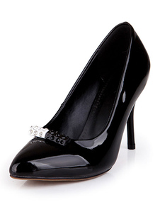 Strass noir PU brevets pointu orteil talons pour femmes