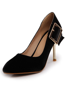 Boucle noir PU pointu orteil talons pour femmes