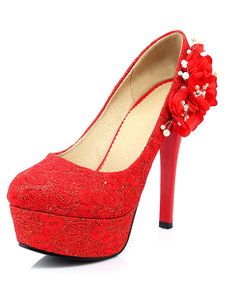 Fleurs de dentelle rouge perles soirée & nuptiales pompes pour les femmes