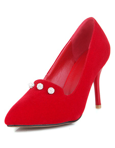 Monogramme métal rouge daim bout pointu talons pour femmes
