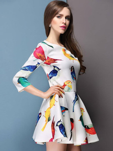 Coton imprimé Animal blanc mélange Flare robe pour femmes