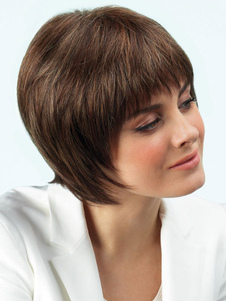 Brune frange droite fibre courte perruque pour femme