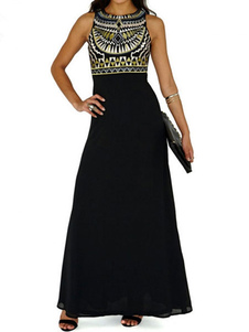 Noir impression Maxi robe en mousseline de soie pour les femmes