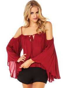 Rouge épaule froide sangles chemisier en mousseline de soie pour les femmes