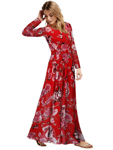 Mousseline de soie imprimée rouge couches Maxi robe pour femmes