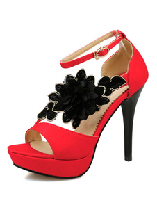 Rouge Peep Toe fleurs Monogram Suede sandales mariée pour les femmes