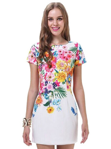 Floral impression romain tricot courte robe blanche pour les femmes