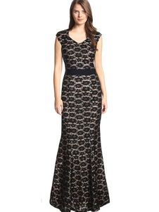 Noir impression dentelle Mermaid robe Maxi pour les femmes