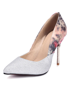 PU impression argent pointu orteil talons pour femmes