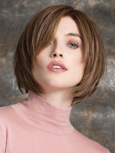 Bobs droite brun léger fibre courte perruque pour femmes