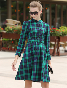 Sash Plaid vert boutons Flare robe pour femmes