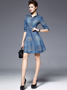 Blue Print brodé coton Flare robe pour femmes