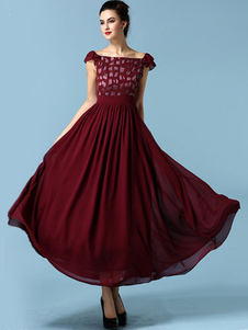 Acétate de découpe Bourgogne volants robe Maxi pour les femmes