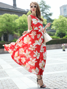 Rouge Floral Print en mousseline de soie Maxi Dress pour femmes