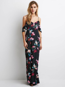 Bretelles noir impression acétate Maxi robe pour femmes
