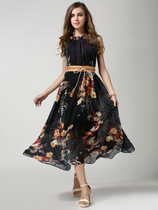 Noir impression Sash plissé robe d'été en mousseline de soie pour les femmes