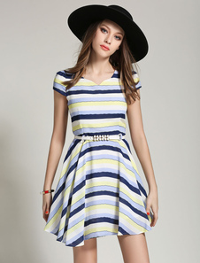 Mélange de coton ceinture multicolore rayures Flare robe pour femmes