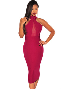 Rose rouge coton découpe Blend dentelle Bodycon Dress pour femmes