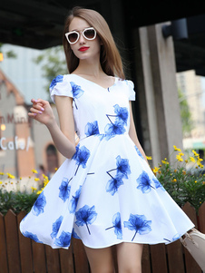 Blanc Organza imprimé Floral évasée robe pour femmes