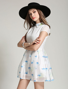 Blanc imprimé Ruffles Organza Flare robe pour femmes