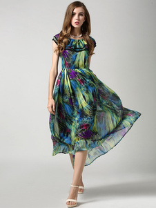 Robe d'été en mousseline de soie imprimé de volants multicolore pour femmes