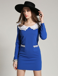 Les poches bleu coton Mini robe pour femmes