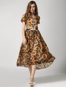 Robe d'été en mousseline de soie imprimé de ceinture multicolore pour femmes