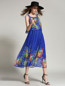 Robe d'été en mousseline de soie imprimé de sangles bleu pour les femmes