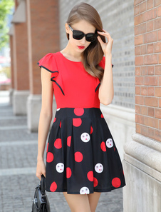 Mousseline de soie à pois multicolore évasée robe pour femmes