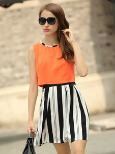 Bloc de couleur rayures robe évasée imprimée pour les femmes