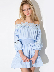Lumière bleue dentelle Off-the-Shoulder coton robe courte pour femmes