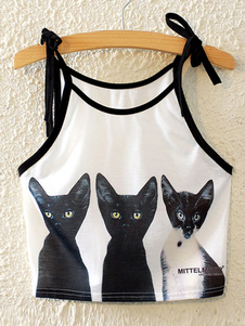 White bretelles chats coton impression Tank pour femmes