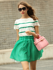 Vert rayures dentelle évasée robe pour femmes