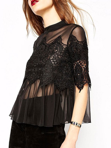 Dentelle noire semi Sheer Crop Top pour femmes
