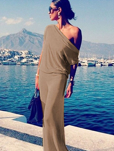 Maxi robe kaki une épaule coton pour femmes