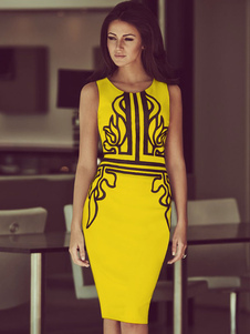 Acétate d'impression jaune tissé robe Bodycon pour femmes