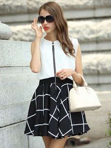 Zipper en mousseline de soie Plaid bicolore évasée robe pour femmes