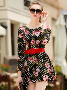 Coton imprimé multicolore Sash Flare robe pour femmes