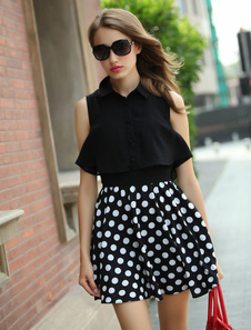 Robe en mousseline de soie Flare noir Polka Dot pour femmes