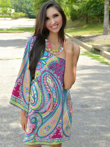 Multicolor une épaule impression géométrique robe d'été pour femmes