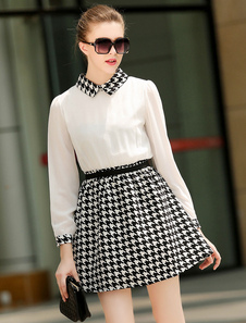 Robe en mousseline de soie plissée Flare multicolore imprimé pied-de-poule pour femmes