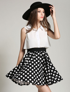 Mousseline de soie deux tons Polka Dot Flare robe pour femmes