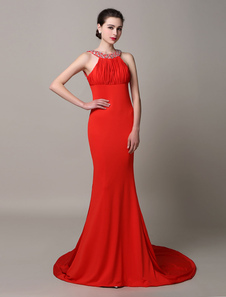 Rouge dos nu mousseline de soie Satin plissé robe de soirée train