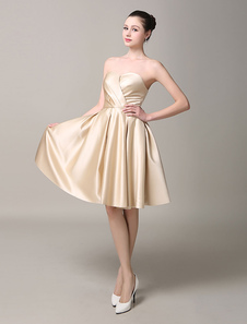 Champagne sans bretelles dos-nu a-ligne Satin robe de Cocktail