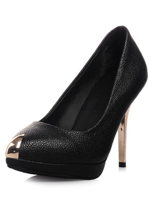 Noir métallique PU plate-forme pompes pour les femmes