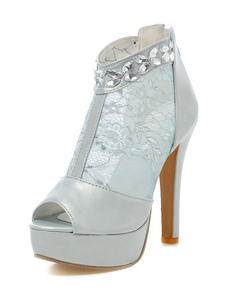 Lumière bleue dentelle strass Peep PU sandales à plateforme Toe pour femmes