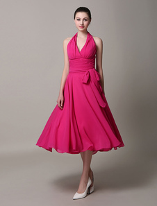 Ceinture dos nu fuchsia a-ligne robe de Cocktail w